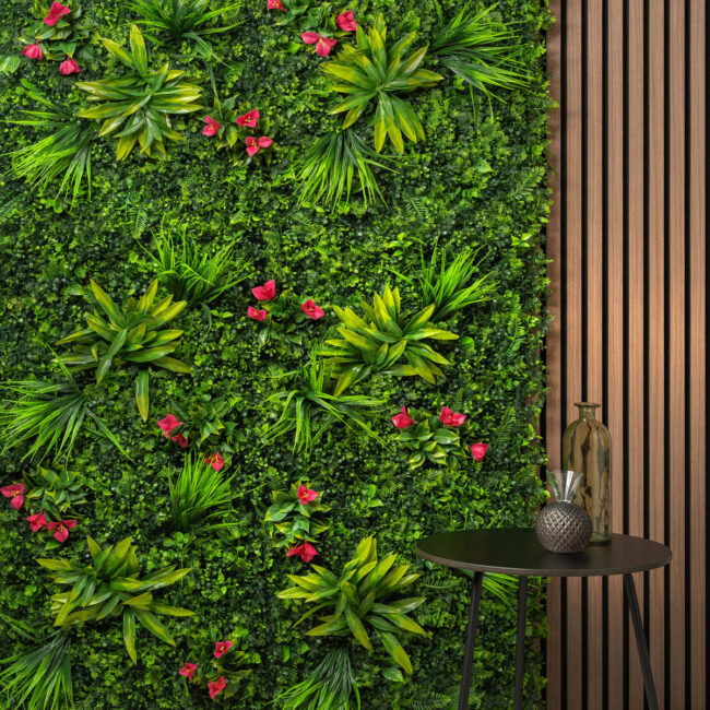 Alternative view of Kunsthaag plantenwand - Buxus met tropische bloemen en planten - 100 x 100 cm