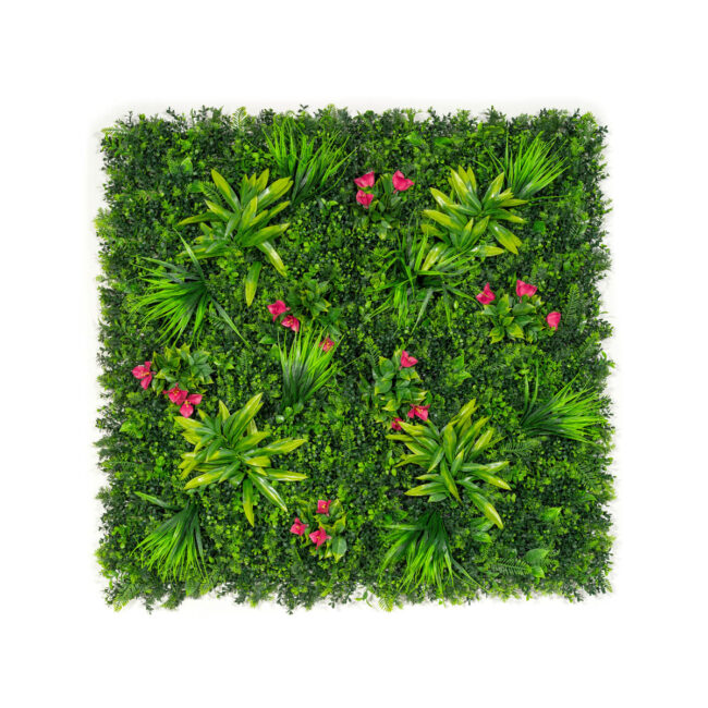 Kunsthaag plantenwand - Buxus met tropische bloemen en planten - 100 x 100 cm