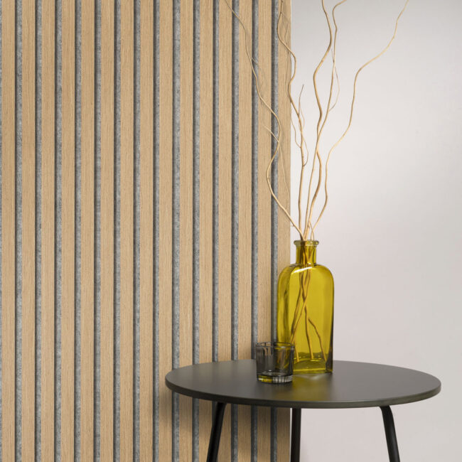 Akudeco® Akoestische wandpanelen - Klassiek Eiken - 3-zijdig - Grijs vilt - 270 x 60cm