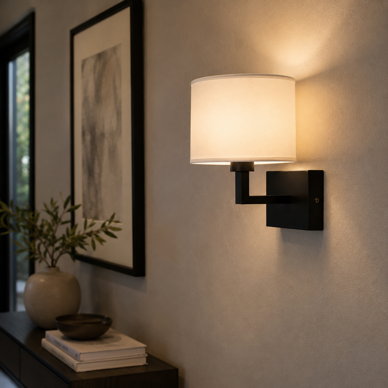 Akudeco® Wandlamp met ronde stoffen Kap – E27 Fitting – Zwart – Modern design voor slaapkamer en woonkamer - Afbeelding 8